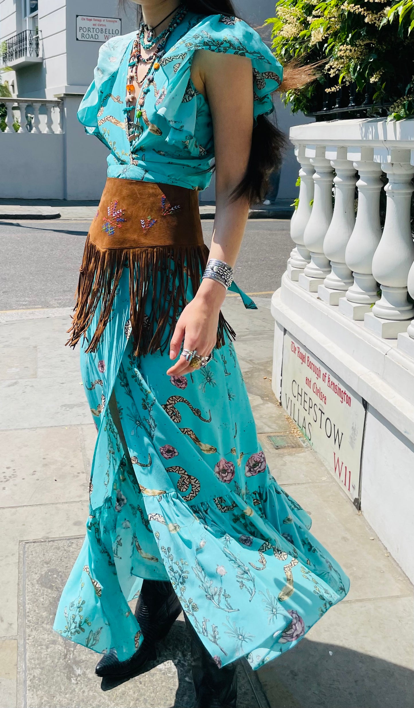 Turquiose snake sage wrap dress