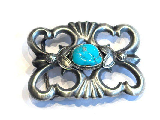 Sandcast Navajo Sterling silver and Turquoise Belt buckle