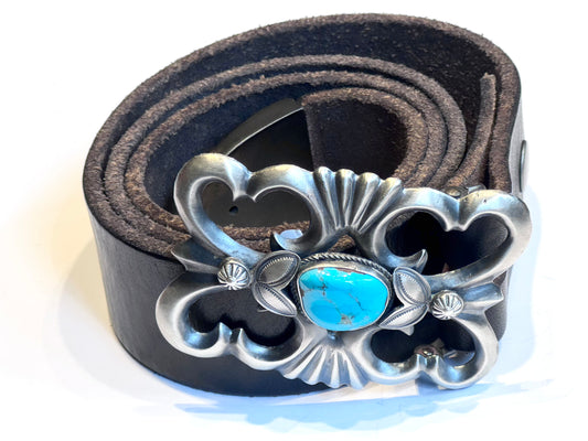 Sandcast Navajo Sterling silver and Turquoise Belt buckle