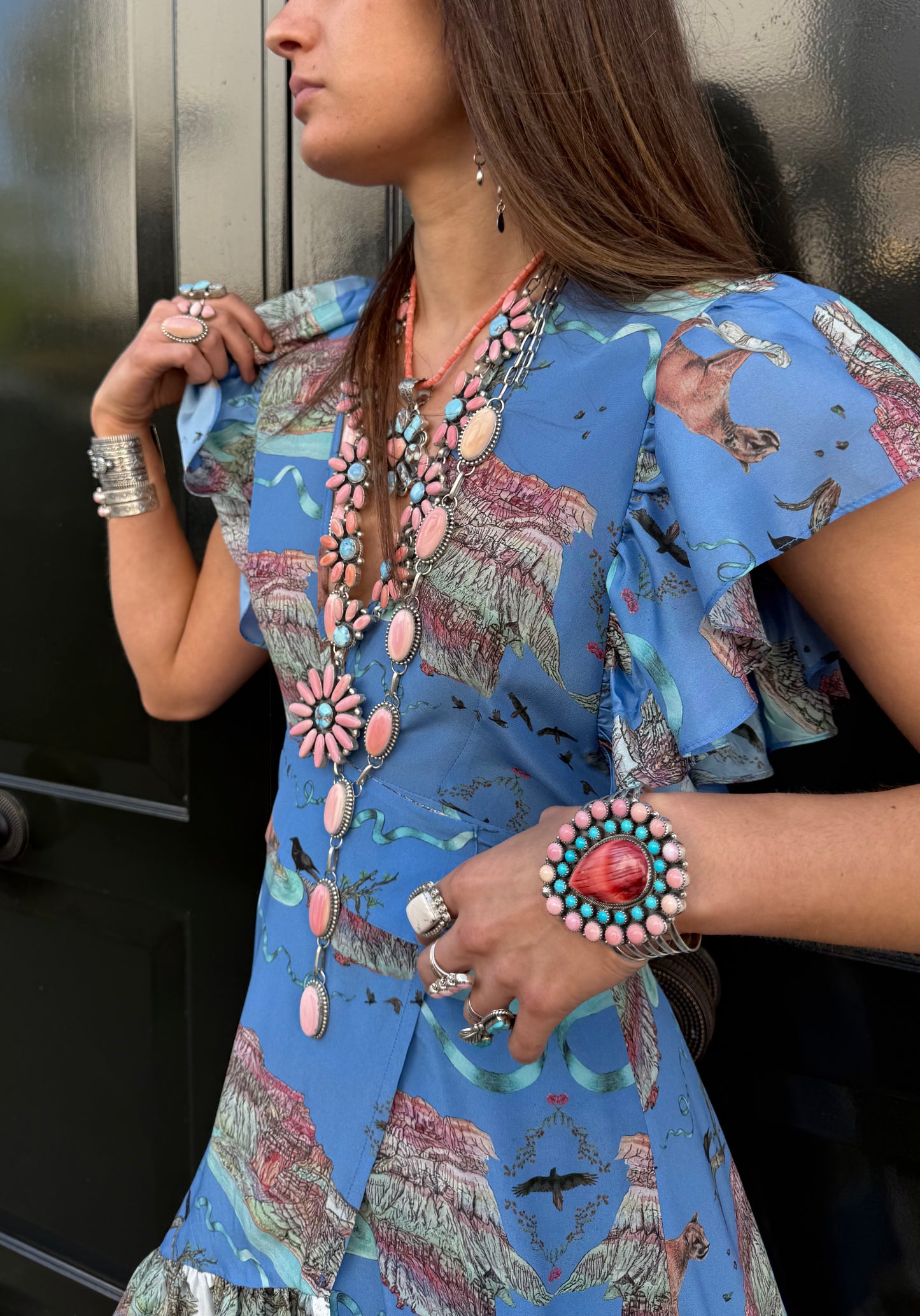 Pink conch shell Navajo long necklace