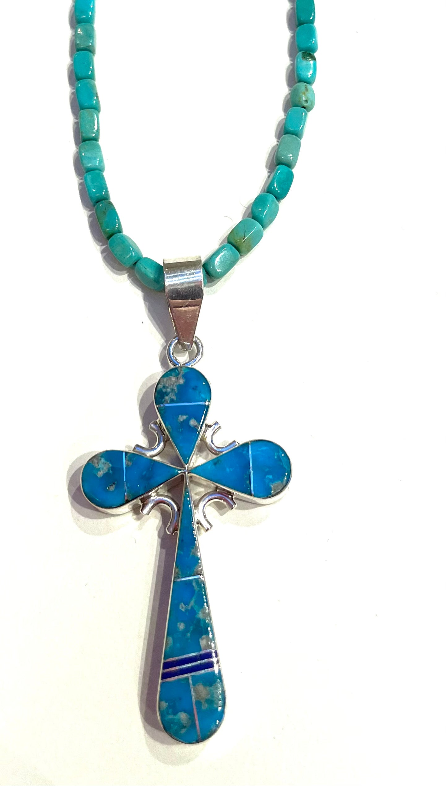 Double sided cross pendent - coral / turquoise