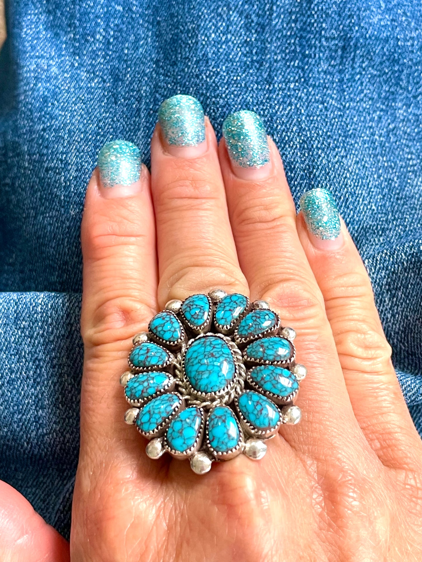 Petit point turquoise ring spiderweb turquoise
