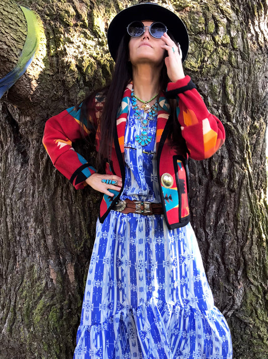 Wrap frill dress in blue