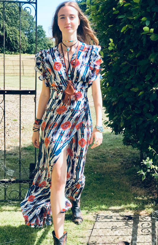 Wrap frill Silk Dress teal & orange