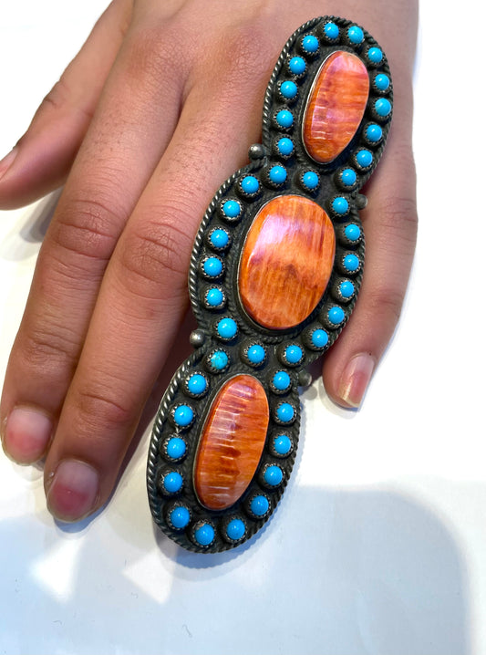 Sterling silver turquoise and spiny oyster Navajo ring