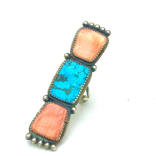 Spiny and turquoise sterling silver long ring