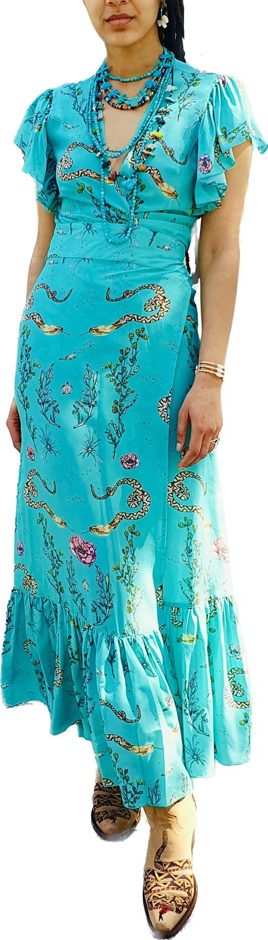 Turquiose snake sage wrap dress