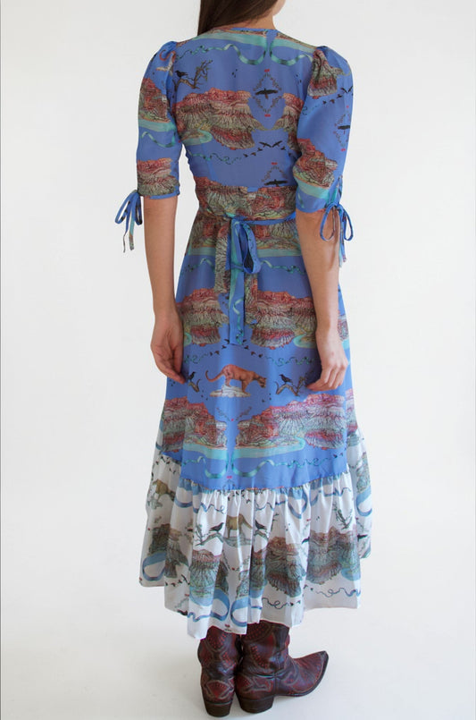 Wrap Dress - Blue and White Mountain Lion Print