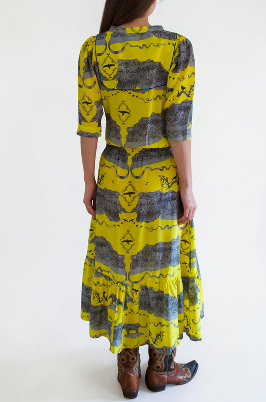 Yolking sheered waist dress- Canyon Mountain Lion- yellow and grey