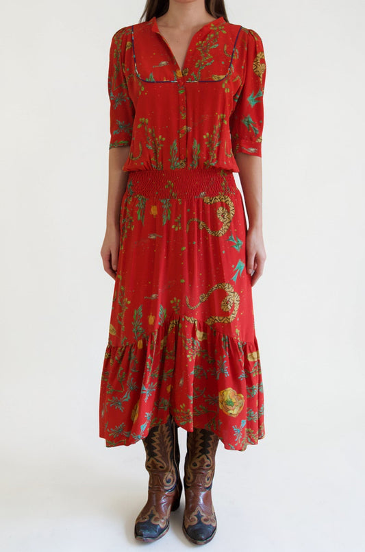 Yolking Sheered Waist Dress- Coral Snake Print