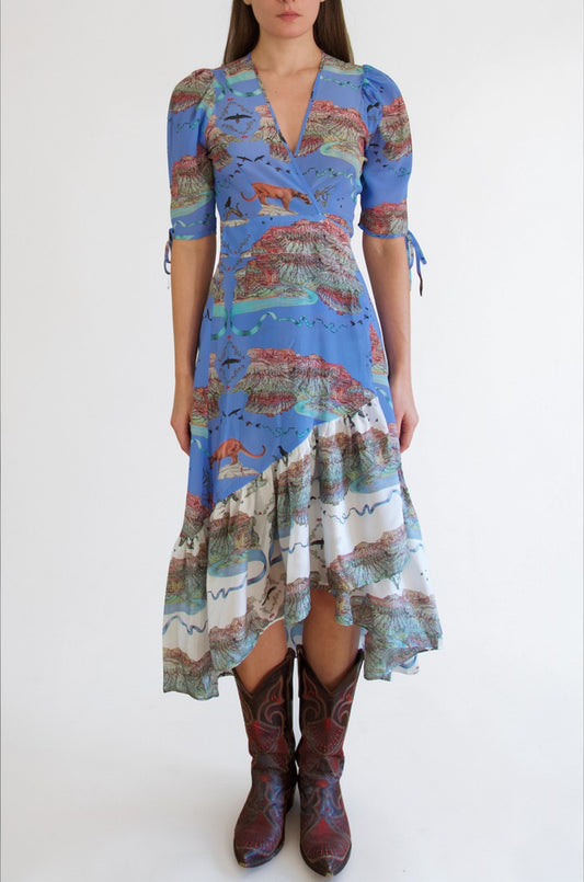 Wrap Dress - Blue and White Mountain Lion Print