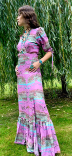 Silk wrap dress with tie puff sleeve