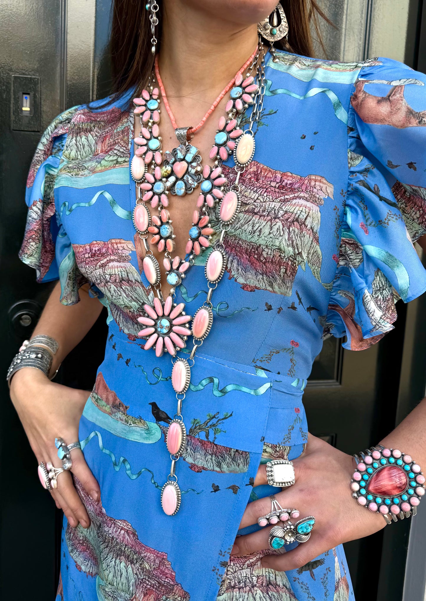 Pink conch shell Navajo long necklace