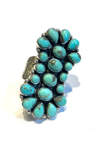 Sterling silver turquoise ring and inlaid jet and coral