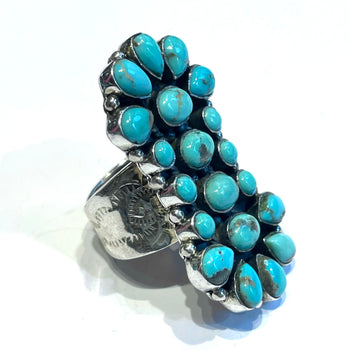 Sterling silver turquoise ring and inlaid jet and coral