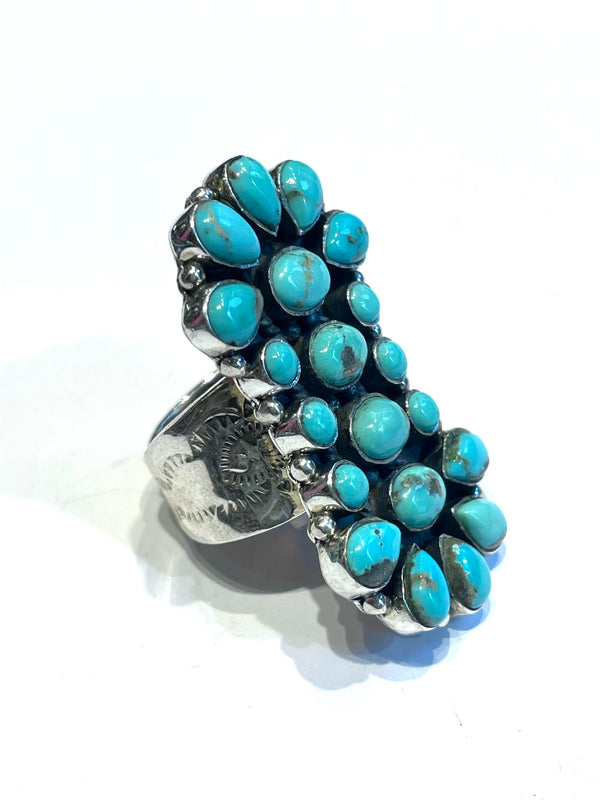 Sterling silver turquoise ring and inlaid jet and coral