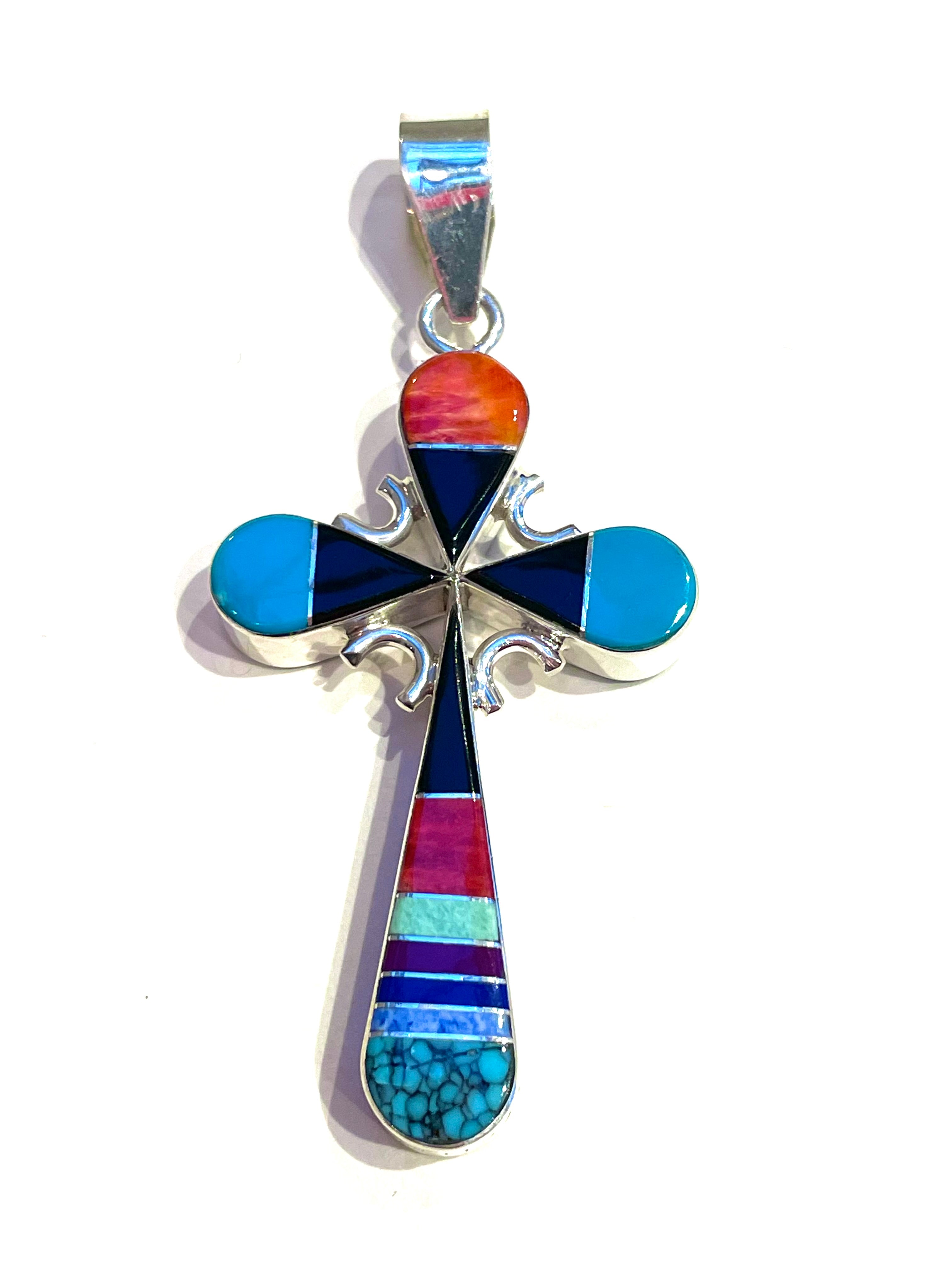Double sided cross pendent - coral / turquoise