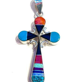 Double sided cross pendent - coral / turquoise