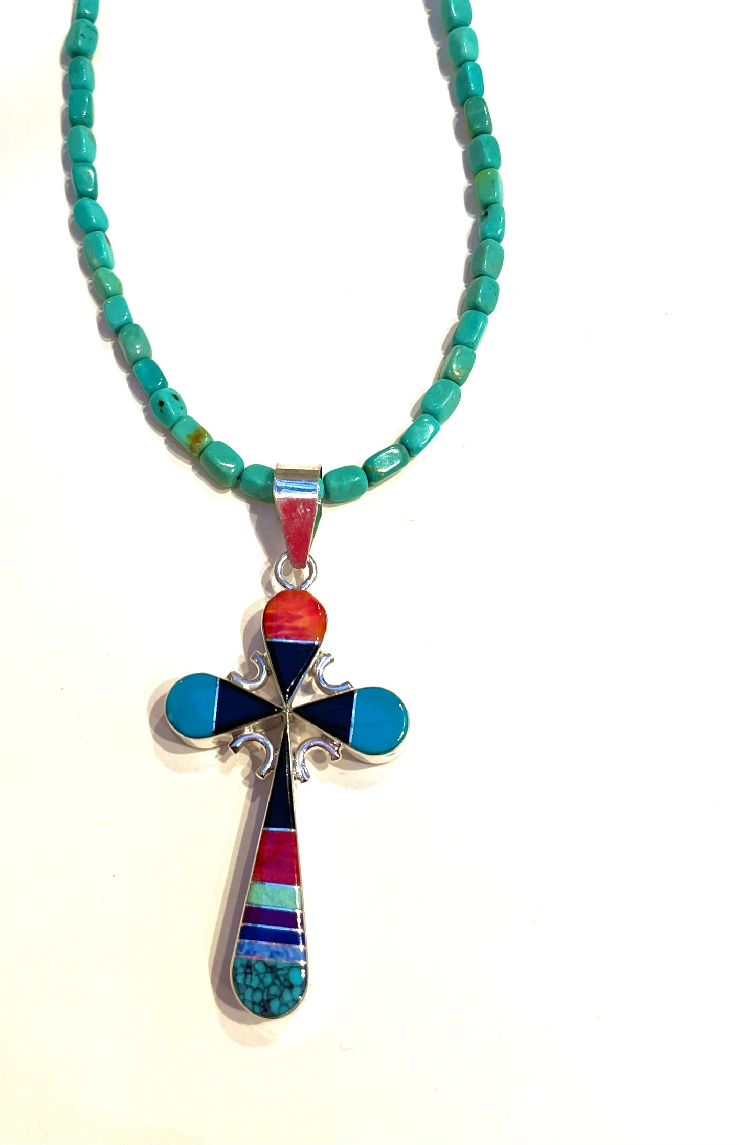 Double sided cross pendent - coral / turquoise