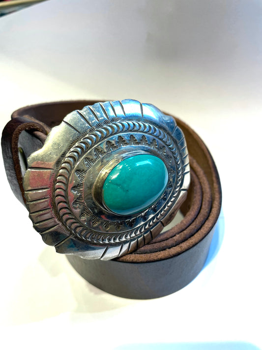 Turquoise buckle with silver punchwork