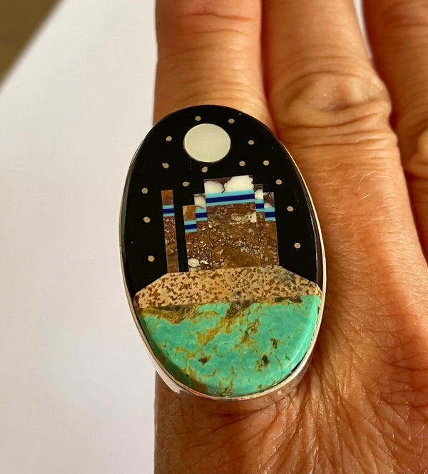 Inlaid stone monument valley ring