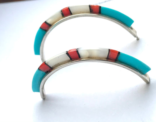 Medium inlaid turquoise , shell hoop earring