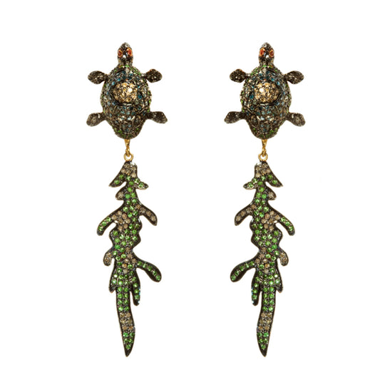 Swimming Turtle Earrings in Tsavorites & Diamonds