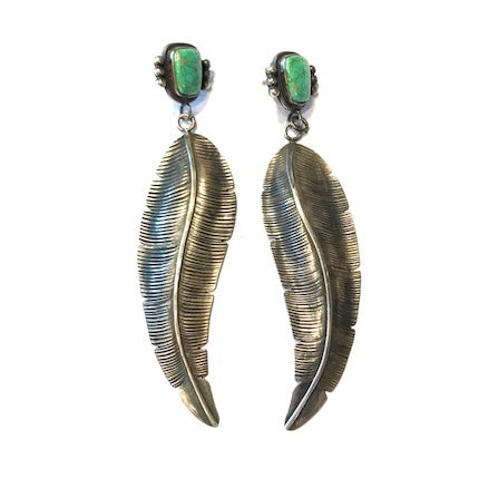 Emerald turquoise large feather earrings