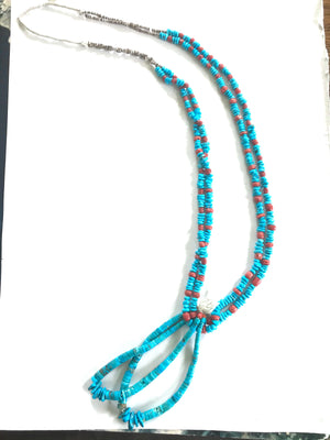Long turquoise and coral necklace