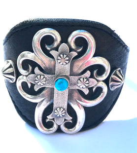 Leather Cuff bracelet sterling silver - Navajo