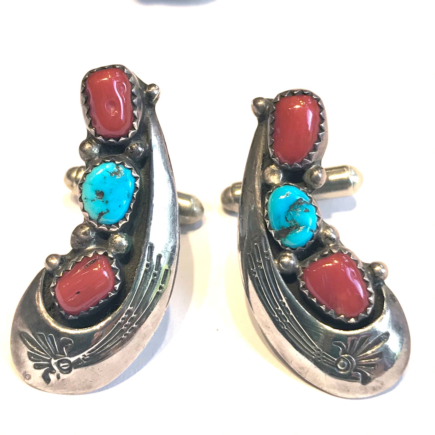 Antique Navajo coral / turquoise cufflinks