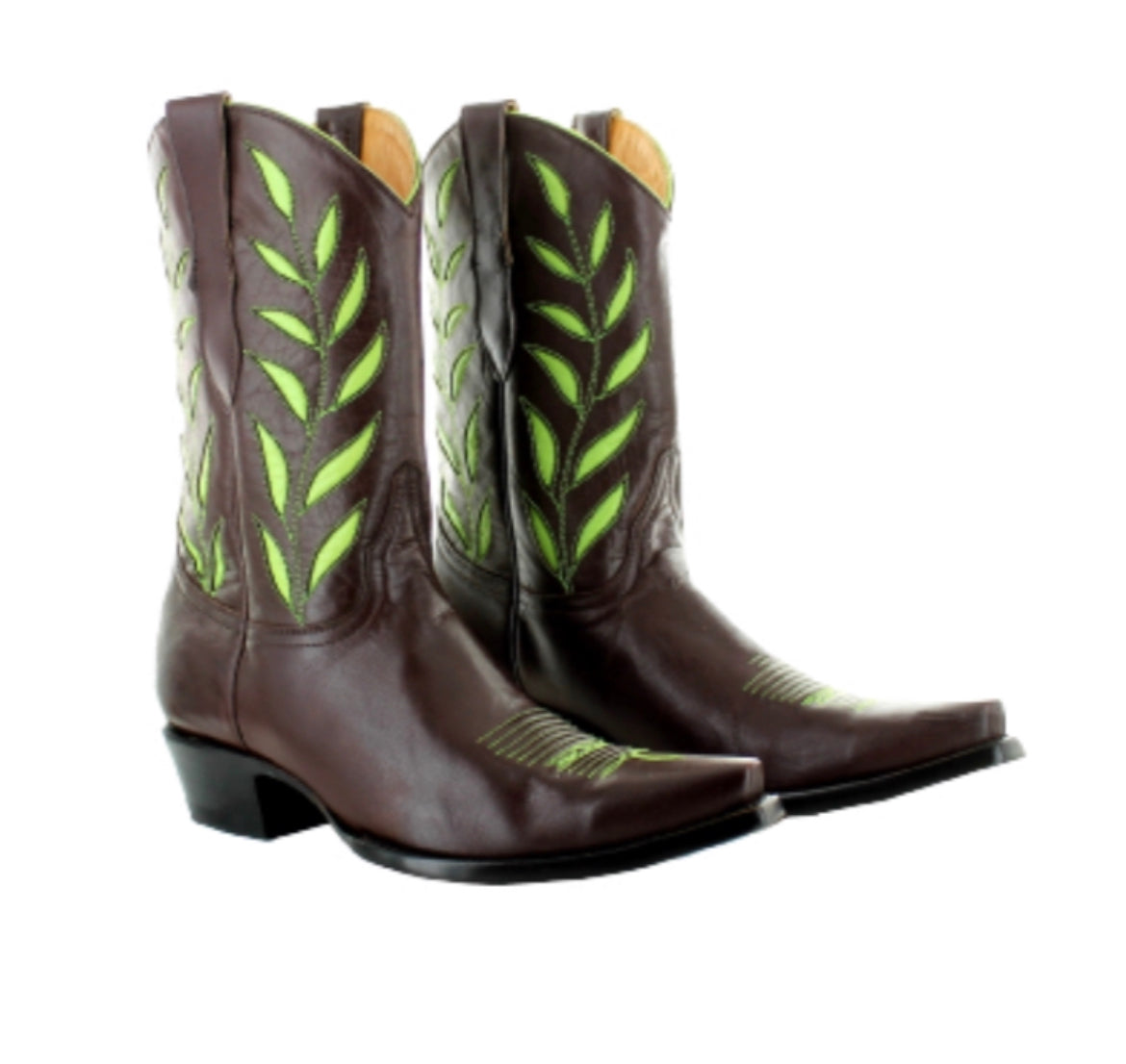 New brown Jessie Western boots with green stitching