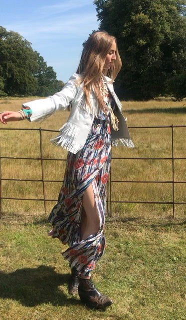 Wrap frill Silk Dress teal & orange