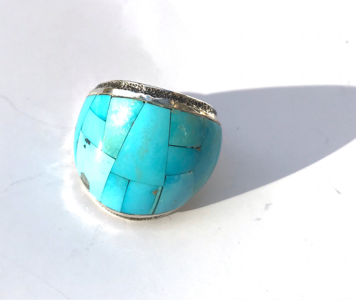 Sand cast  Inlay Sleeping Beauty Turquoise Ring