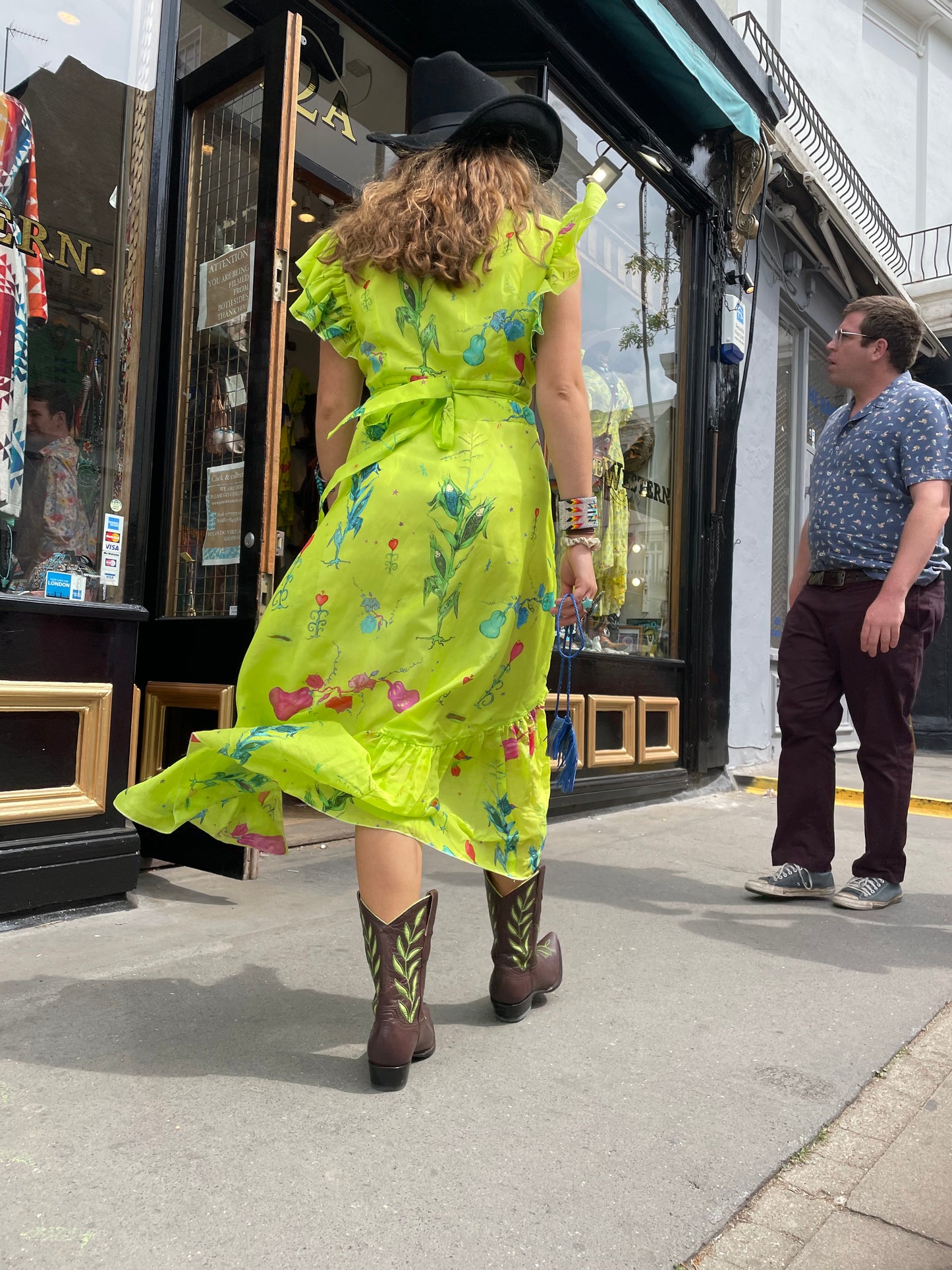 New brown Jessie Western boots with green stitching