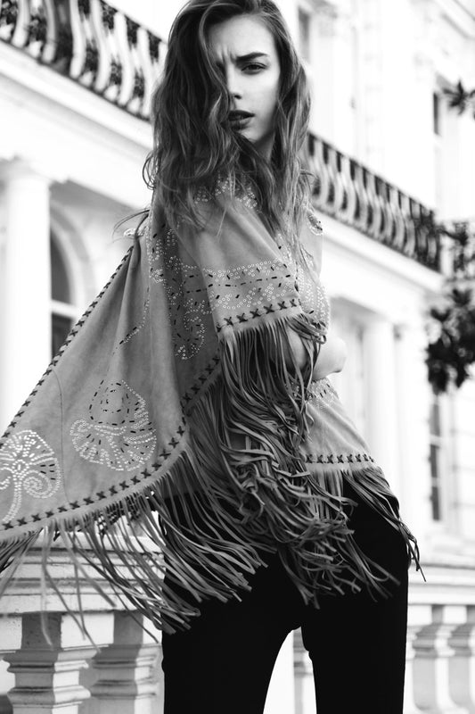 Suede fringed shawl