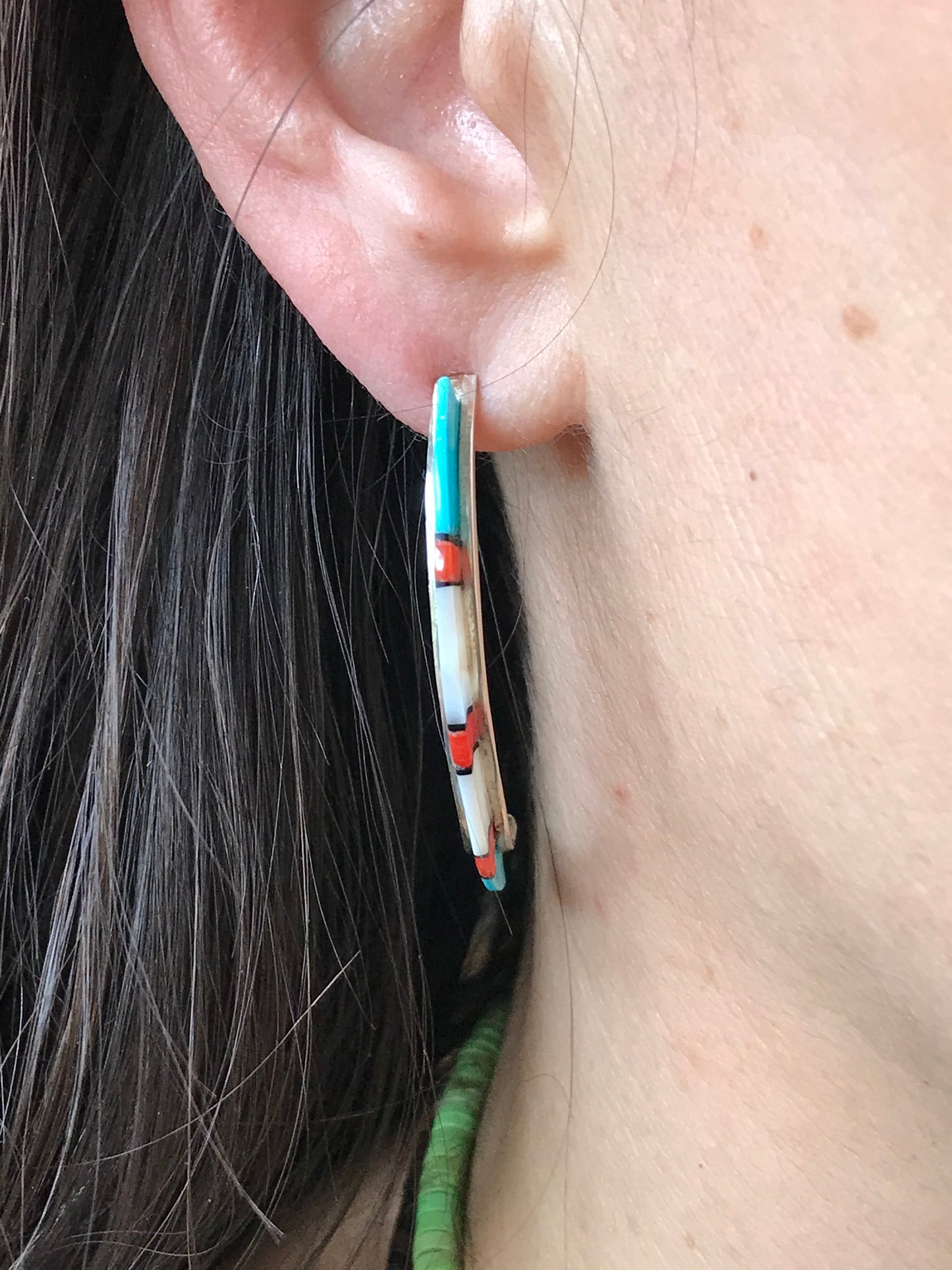 Medium inlaid turquoise , shell hoop earring