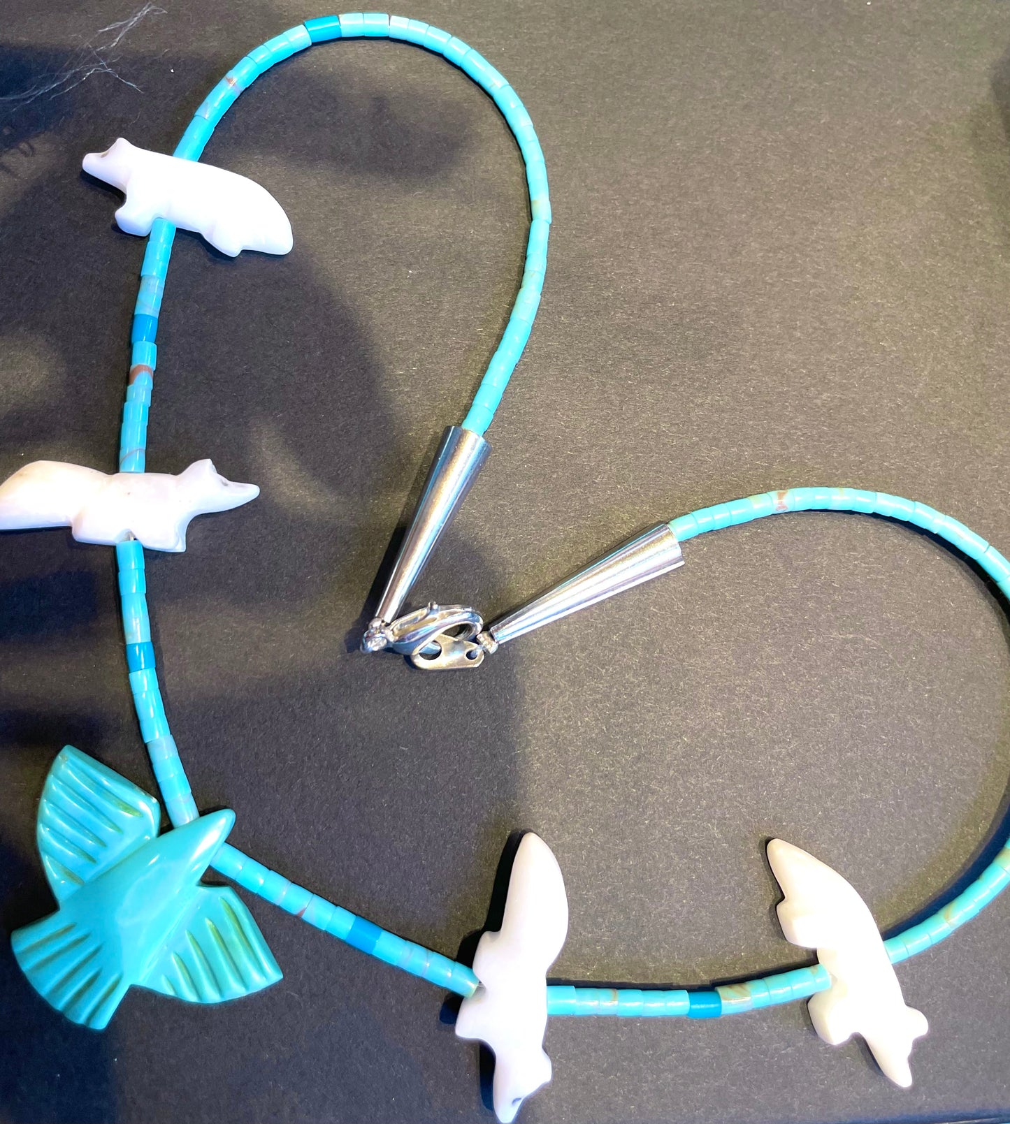 Short white fox and turquoise necklace