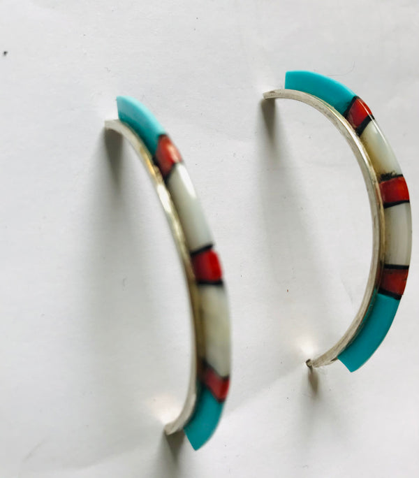 Medium inlaid turquoise , shell hoop earring