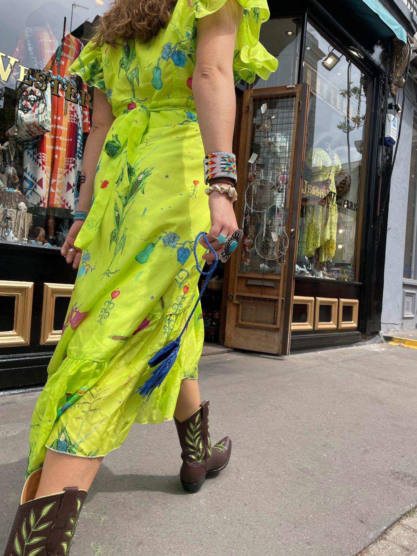 New brown Jessie Western boots with green stitching