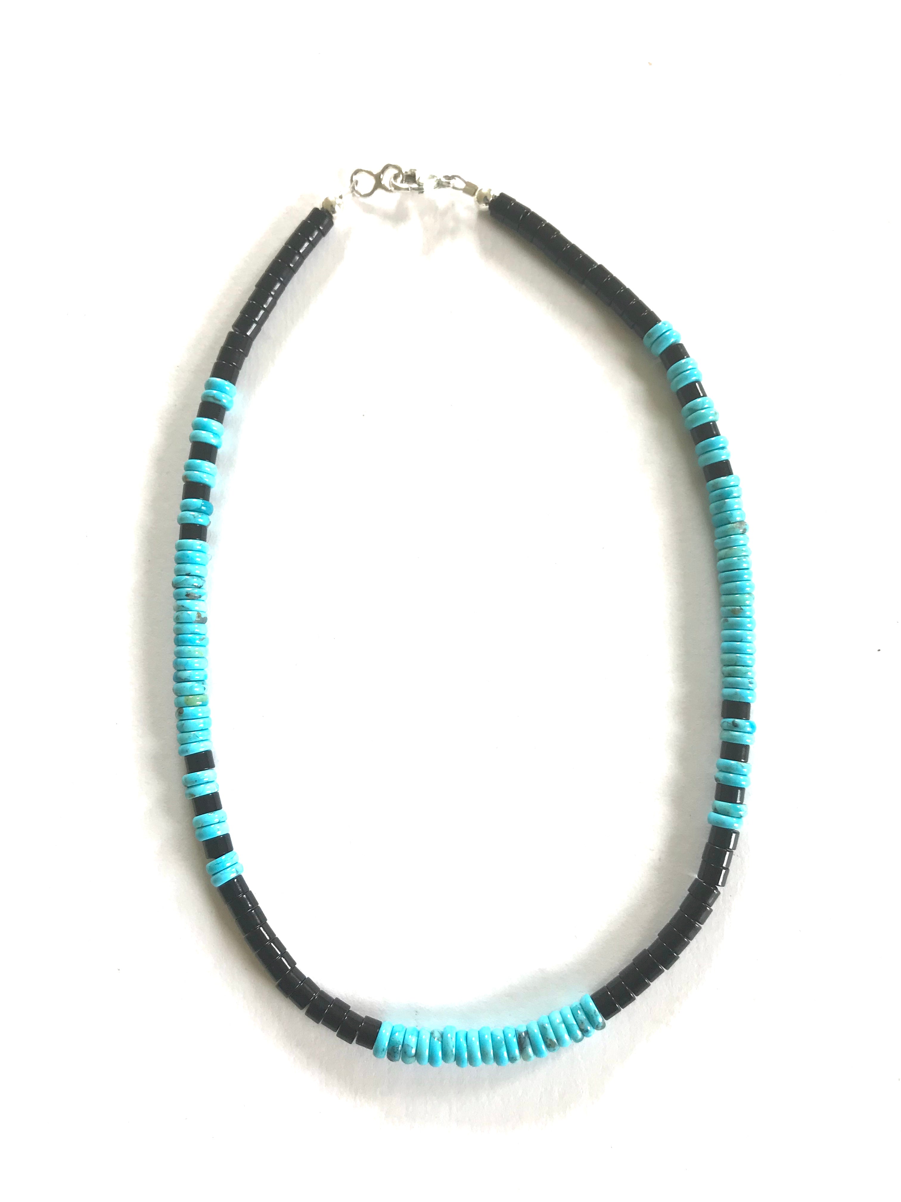 Medium width turquoise and jet necklace