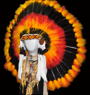 Headdress, orange , red , yellow and black head dress hand made singed by the artist.