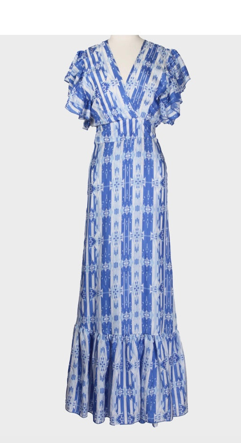 Wrap frill dress in blue