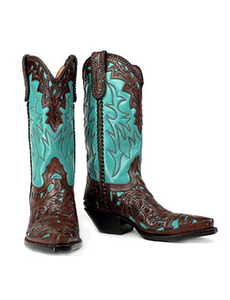 Sea Foam Turquoise and Brown Hand Tooled Boots Jessie Western