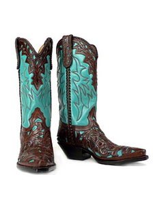Sea Foam Turquoise and Brown Hand Tooled Boots