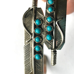 Double Engraved Feather Silver and Turquoise Cuff