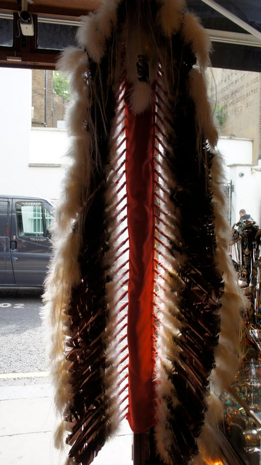 Hand made full head dress, feathers, beadwork & felt bonnet
