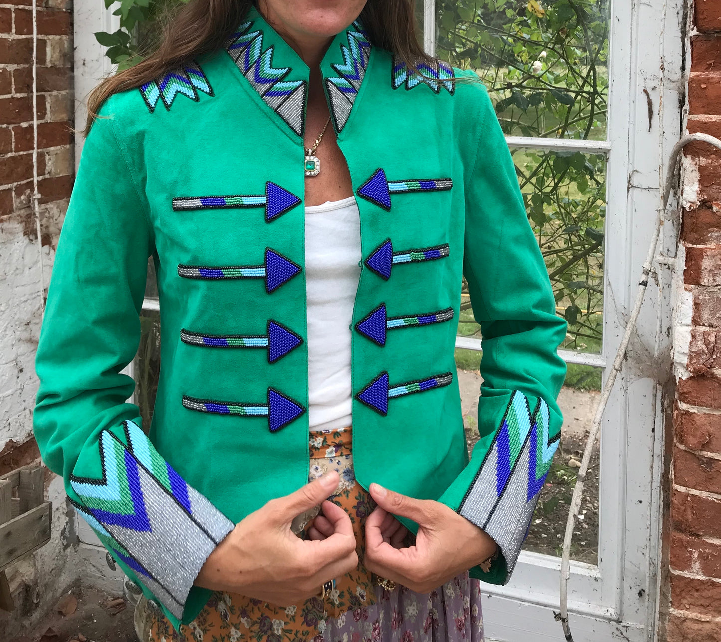 Suede jacket arrow beaded jacket hand beaded