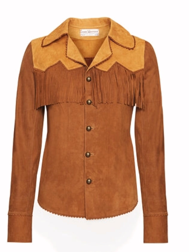 Fringed tan shirt.