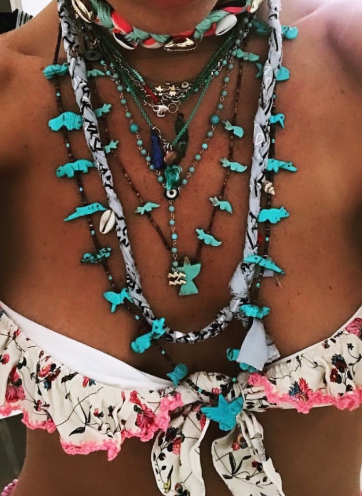 New Heishi & turquoise power animal necklace long